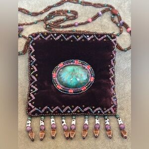 DeepBurgundy Velvet Amulate/MedicineBag/CoinMini Purse, Beaded Straps Turquoise